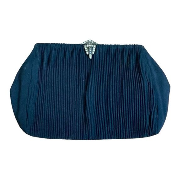 Vintage Pleated Satin Evening Bag Black Jeweled Gold Tone Metal Clasp Clutch - Picture 1 of 10